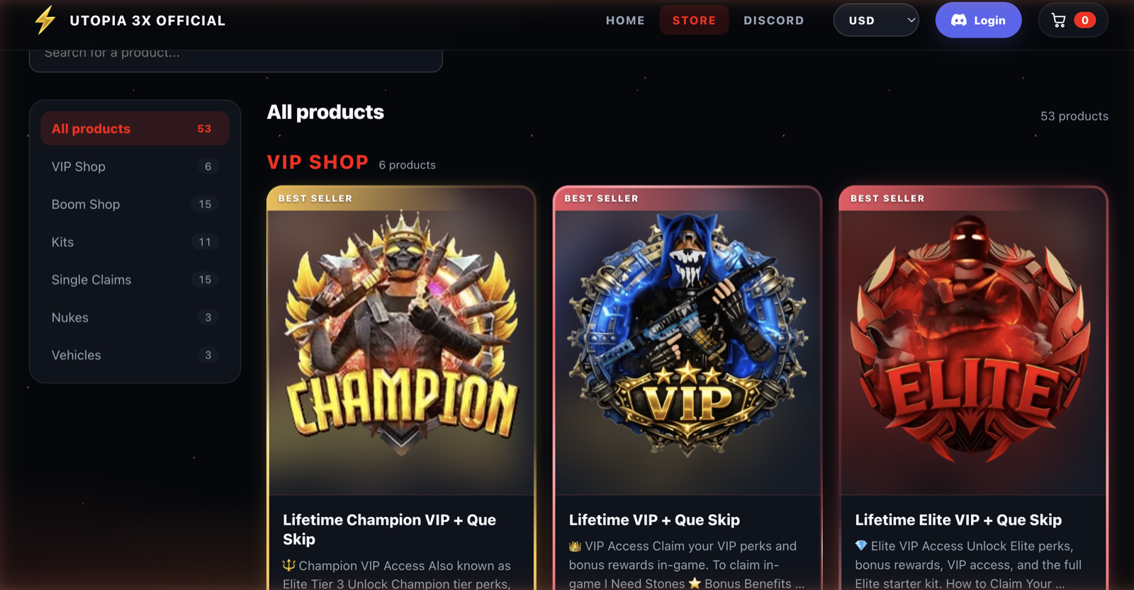 The storefront product grid with categories, search, and best-seller badges