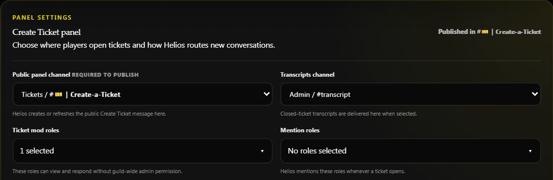 Ticket panel channel, transcript destination, staff roles, and mention roles in the dashboard