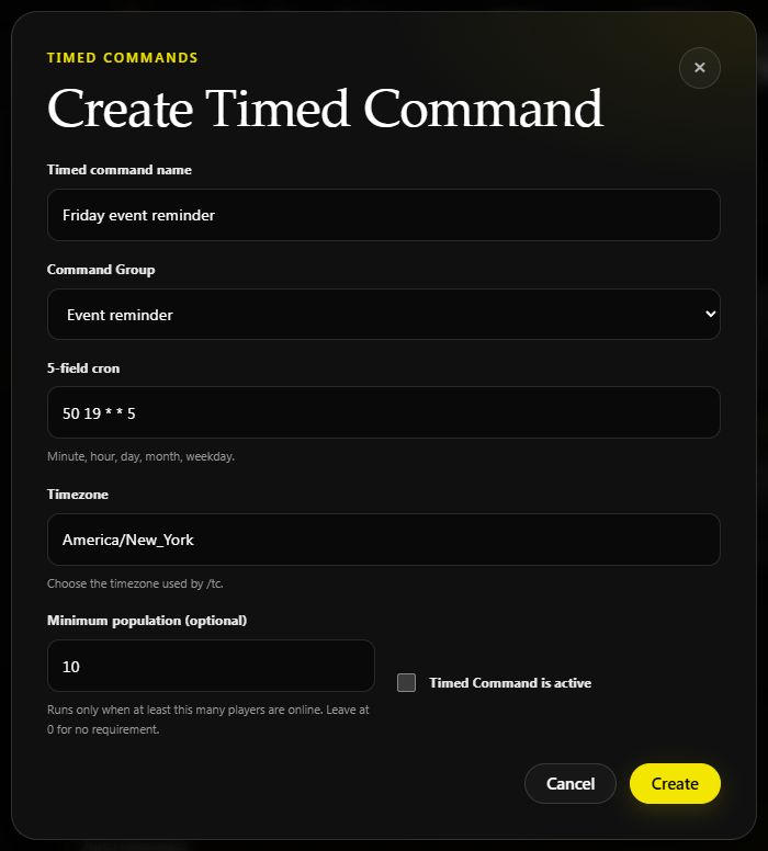 Timed Command editor scheduling Event reminder for Friday at 7:50 PM with a minimum of ten players