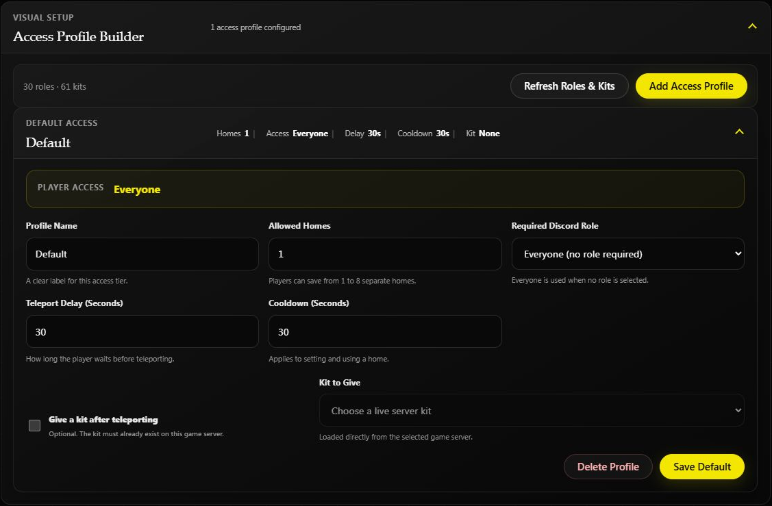 The Default TP Home profile on the testing server, with one home for everyone and 30-second delay and cooldown