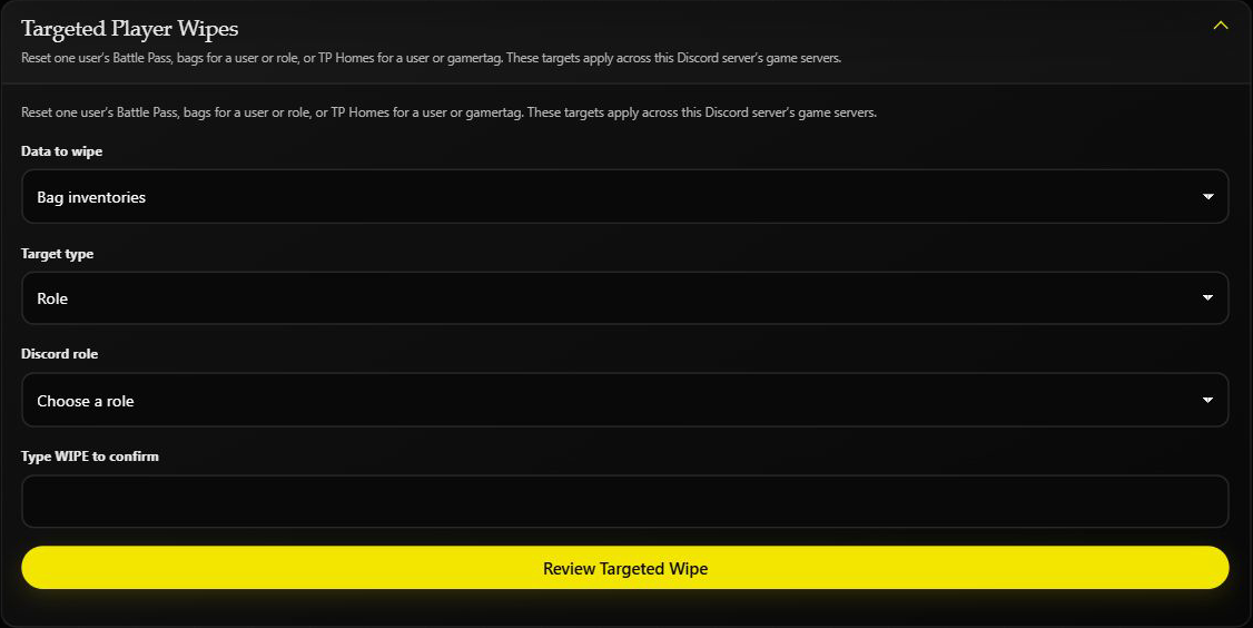 Targeted Player Wipes with Bag inventories and Role selected; no role or confirmation entered