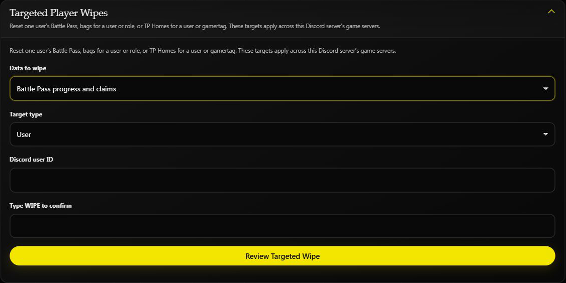 Targeted Player Wipes showing the one-user Battle Pass reset form with empty confirmation fields