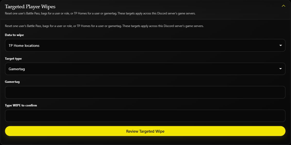 Targeted Player Wipes with TP Home locations and Gamertag selected, before entering a name or confirming