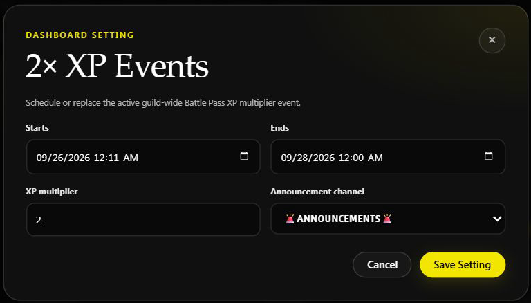 Saved double XP event with its dates, multiplier and announcement channel