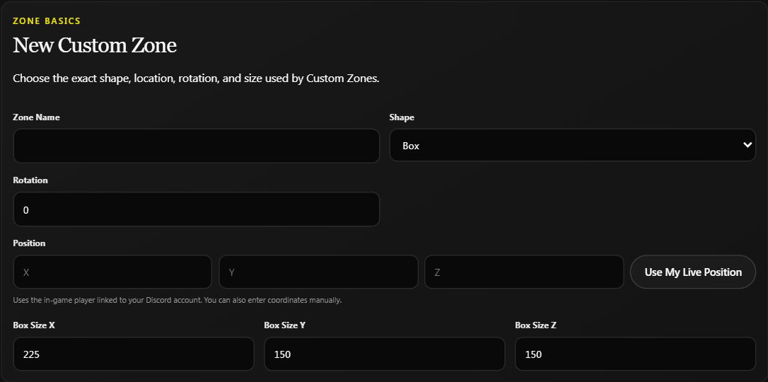 The new-zone draft showing shape, rotation, position capture, and three box-size fields