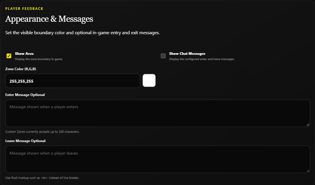 Boundary visibility, chat-message switch, color, and the entry/exit fields