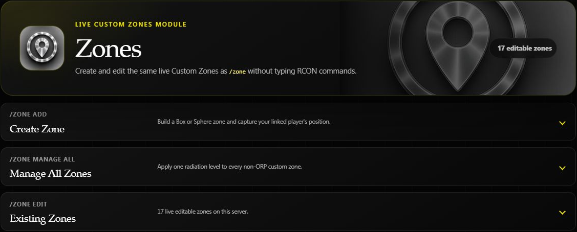 Zones dashboard with Create Zone, Manage All Zones, and Existing Zones