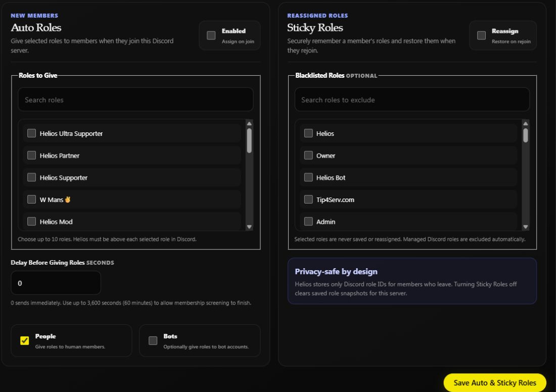 Auto Roles and Sticky Roles side by side, including role searches, delay in seconds, and the shared save button