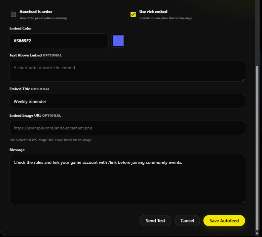 Autofeed message fields with separate Send Test, Cancel, and Save Autofeed buttons