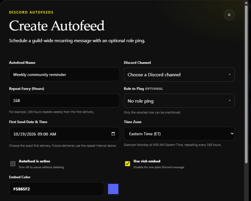 Paused weekly Autofeed draft using 168 hours and a first delivery at nine AM Eastern Time