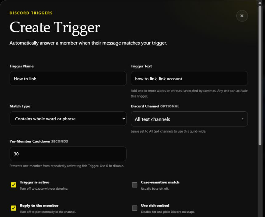 How to link trigger with comma-separated phrases, whole-phrase matching, all-channel scope, and a thirty-second cooldown