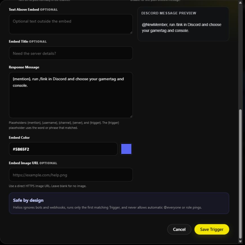 The linking-help response and its rendered preview, with placeholders and Save Trigger