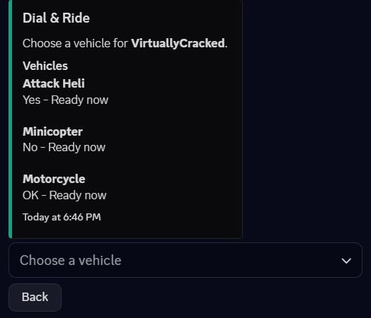 Dial and Ride menu with Attack Heli, Minicopter, and Motorcycle ready to request