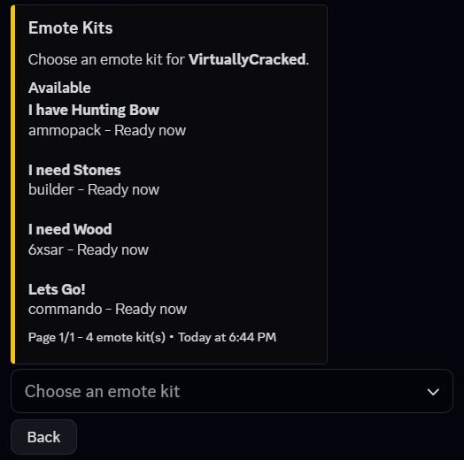 Emote Kits menu listing four available kits and their ready status
