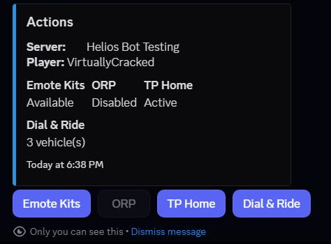 Private Actions menu on Helios Bot Testing, with Emote Kits, TP Home, and Dial & Ride available and ORP disabled