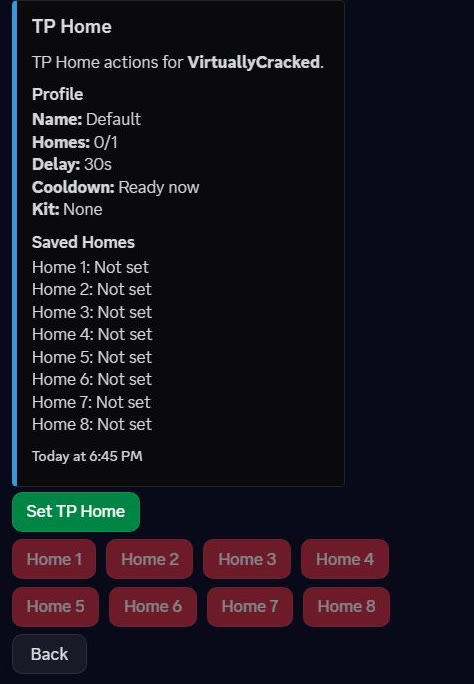 TP Home menu with the player profile, eight displayed slots, and unavailable unsaved homes