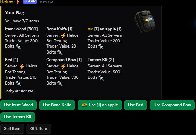 Full bag with amounts, server labels, Use, Sell Item, and Gift Item controls