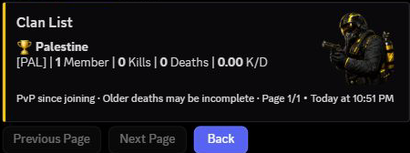 The live clan list showing member count, kills, deaths, K/D, and page controls