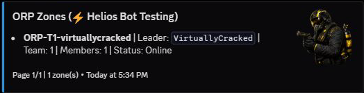 Real ORP list result showing a zone in Online state on Helios Bot Testing