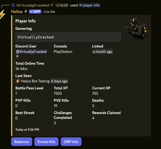 Player information panel in Discord
