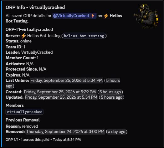 ORP Info for the testing account with its online zone, tracked member, timestamps, and previous removal