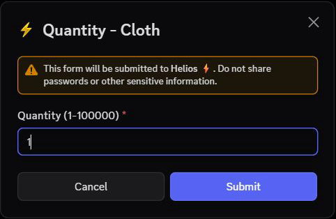 Cloth quantity form with Cancel and Submit