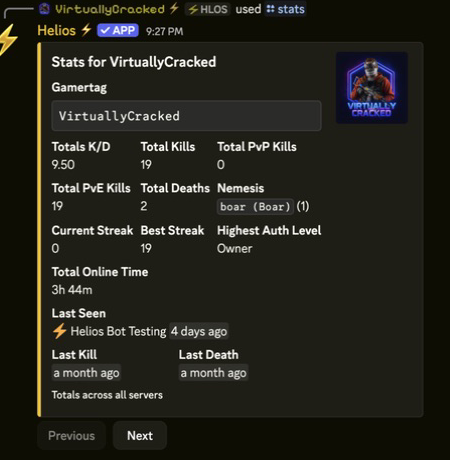 Player statistics panel in Discord