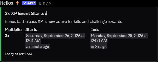 A real double XP start announcement with the saved end time