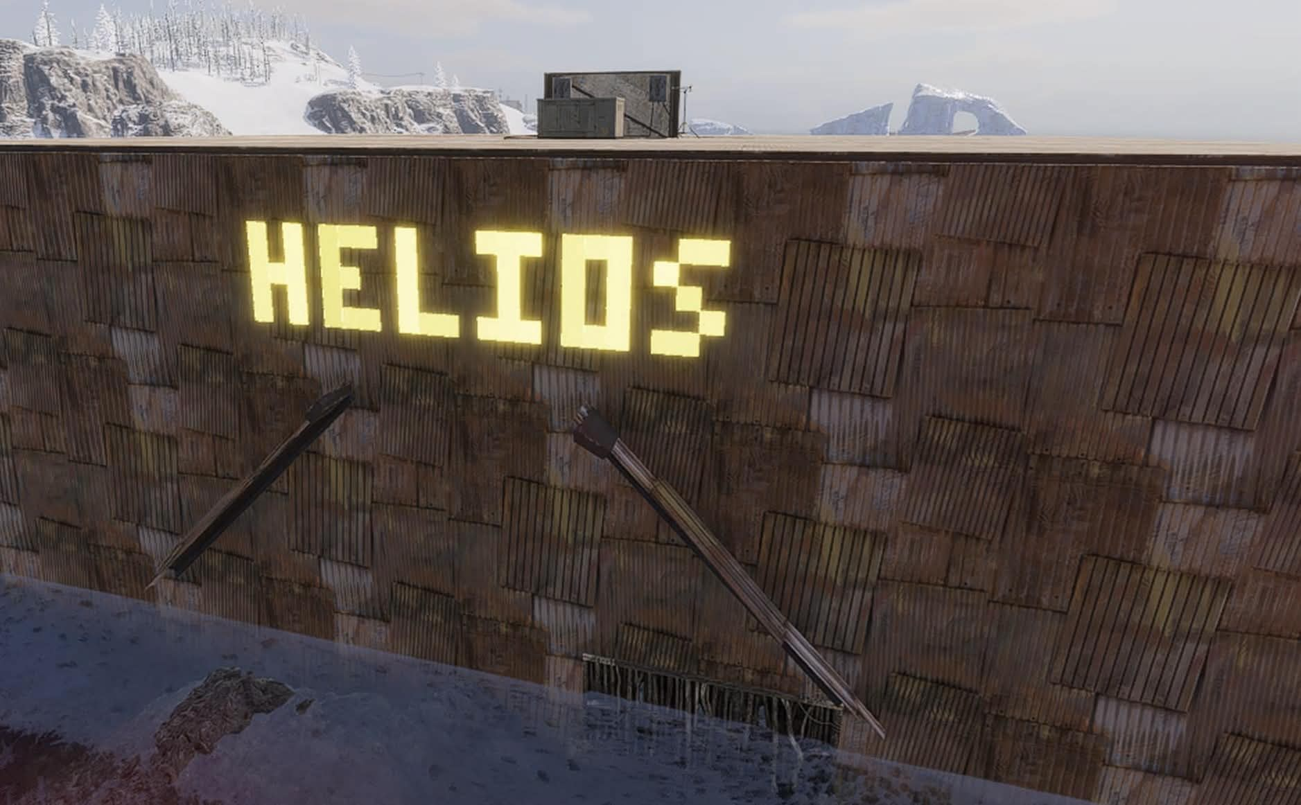 Yellow HELIOS Neon Sign lettering placed against a metal wall in game