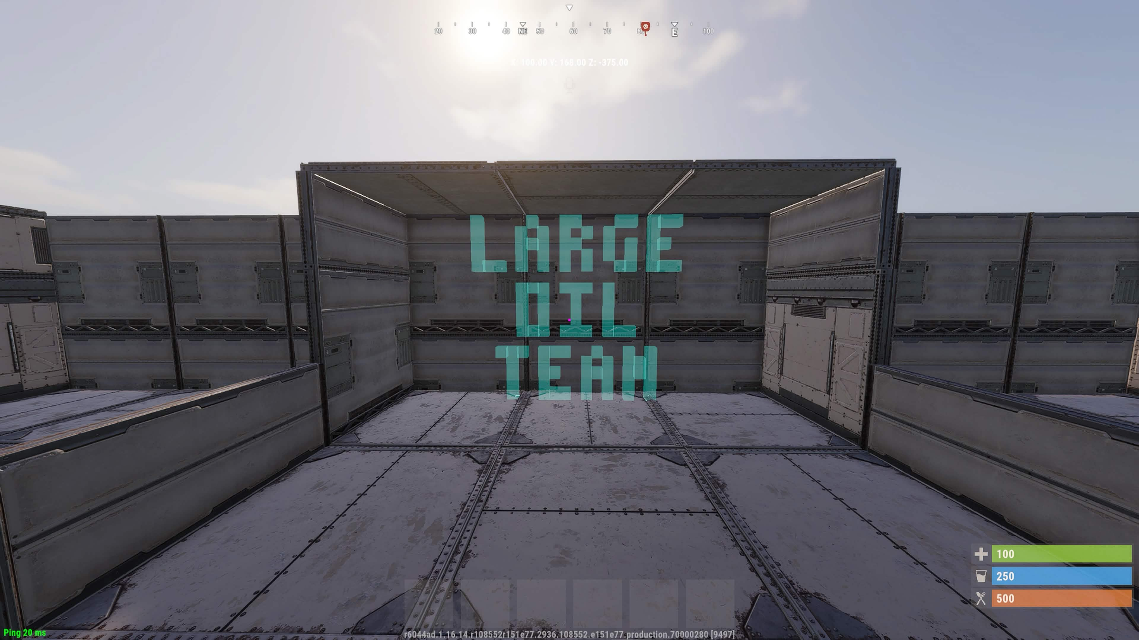 Cyan LARGE OIL TEAM Neon Sign arranged across three lines inside a metal structure in game