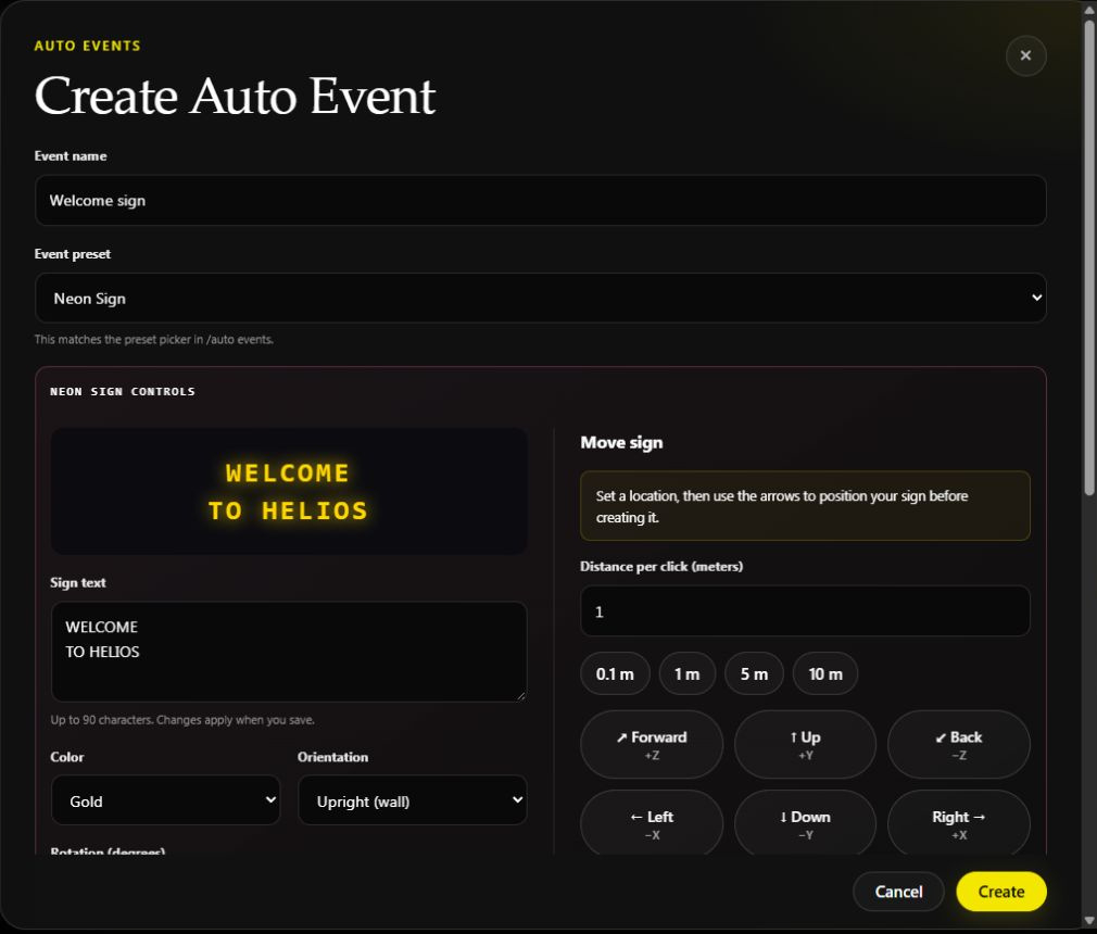 Neon Sign preset selected with a gold WELCOME TO HELIOS preview and editable appearance settings