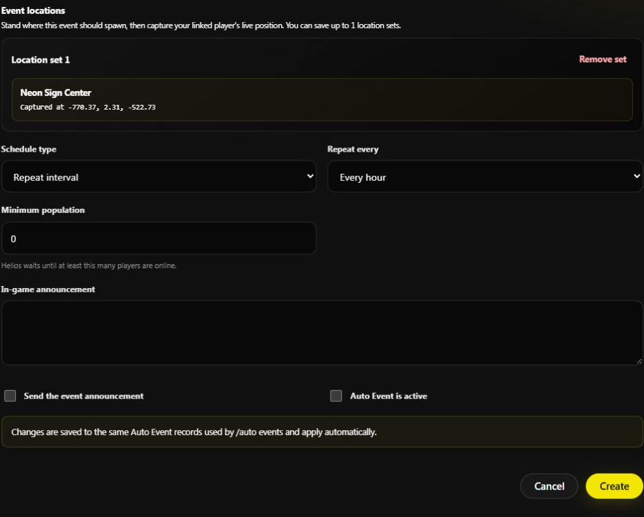 Captured sign center and event controls with announcements and Auto Event is active both unchecked