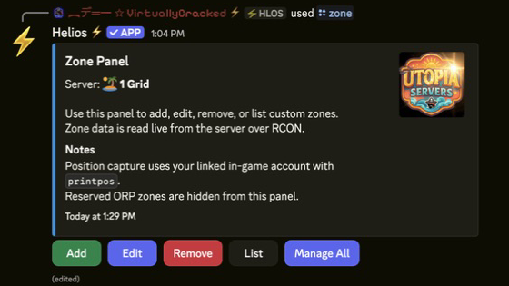 Zone main panel for the 1 Grid server